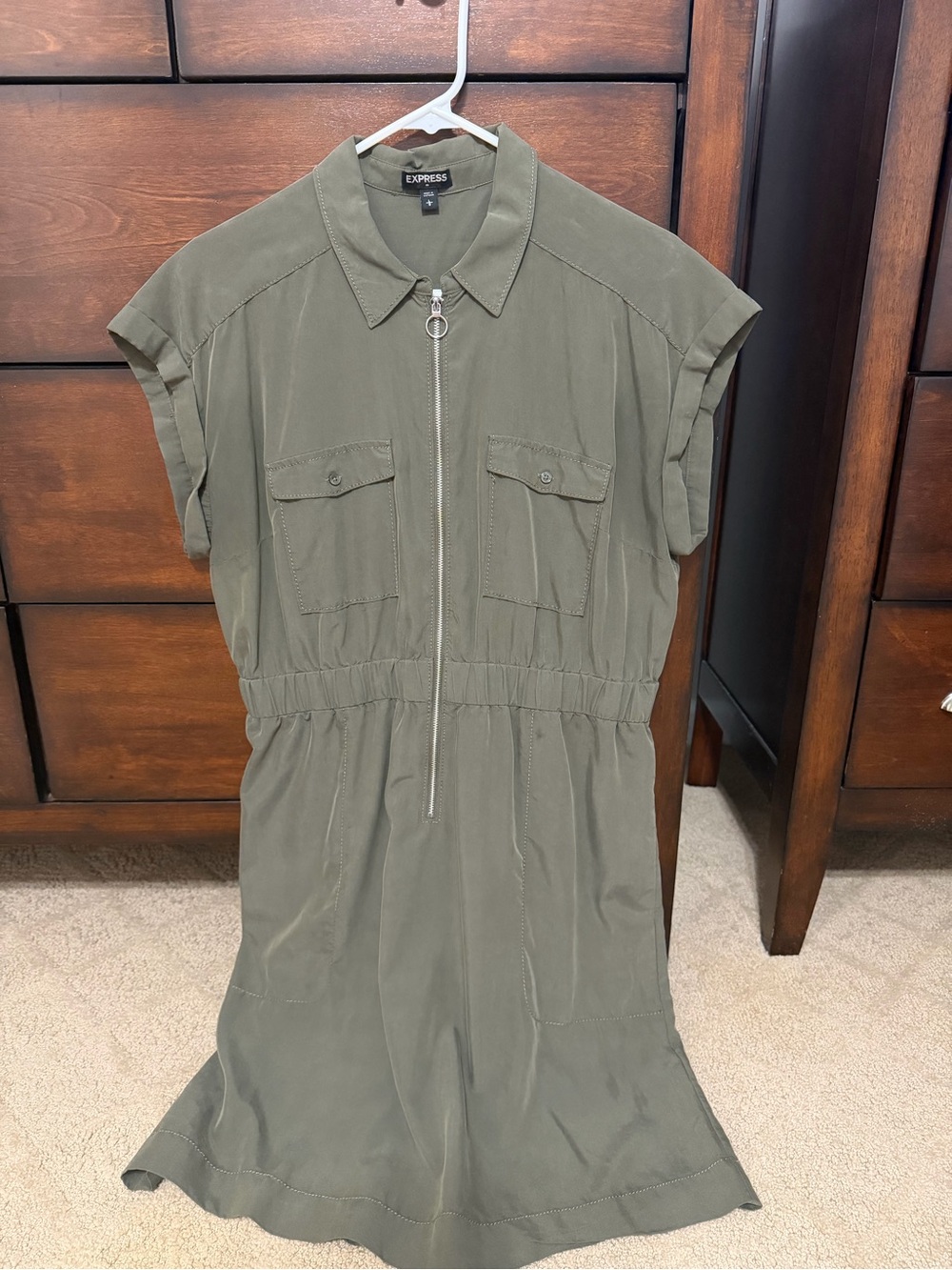 Express Olive Utility Midi Dress with Front Zip